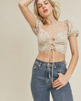 Marble Crop Top with Sweetheart Neckline and Tie Detail - trendy women's top