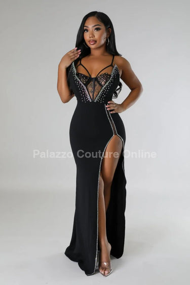 Women's Black maxi dress corset style back view