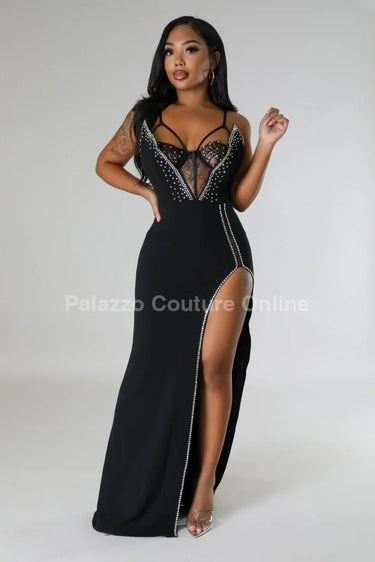 Marcia Glam Black Maxi Dress with Corset Style close up detail of corset design and fabric