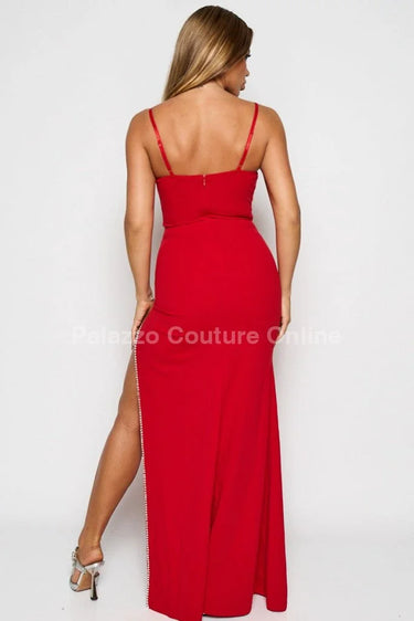 Marcia Glam Red Maxi Dress with Corset Style side view highlighting floor-length hemline