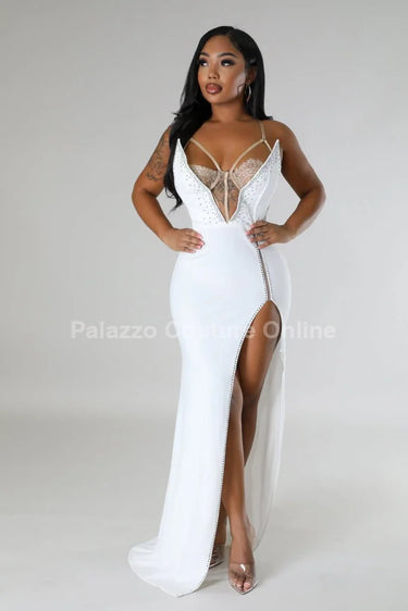Marcia Glam White Maxi Dress with Corset Style close up detail of corset design and fabric