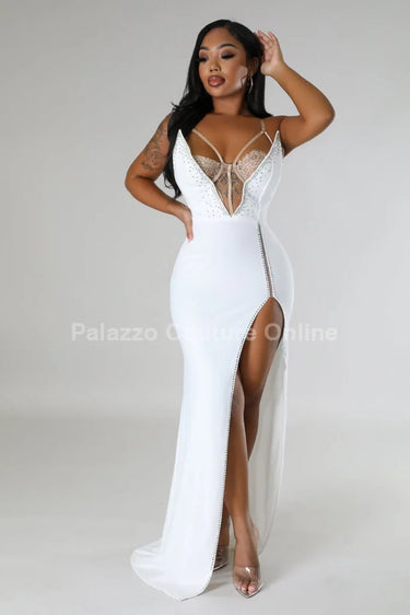Marcia Glam White Maxi Dress with Corset Style front view showing full-length maxi silhouette