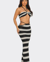 Marina Noir Striped Crochet Skirt Set – Black & Beige - Palazzo Couture Online