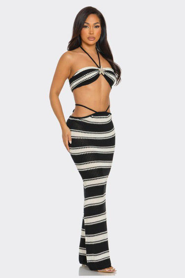 Marina Noir Striped Crochet Skirt Set – Black & Beige - Palazzo Couture Online