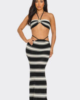 Marina Noir Striped Crochet Skirt Set – Black & Beige - Palazzo Couture Online