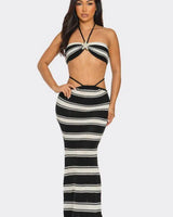 Marina Noir Striped Crochet Skirt Set – Black & Beige front view showing complete two piece skirt set