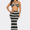 Marina Noir Striped Crochet Skirt Set – Black & Beige front view showing complete two piece skirt set