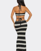 Marina Noir Striped Crochet Skirt Set – Black & Beige close up of crochet top design and fabric