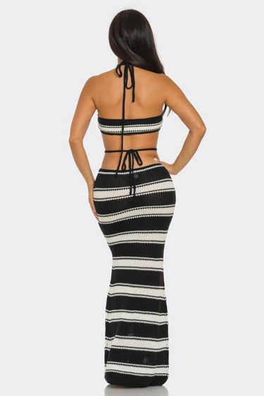 Marina Noir Striped Crochet Skirt Set – Black & Beige close up of crochet top design and fabric