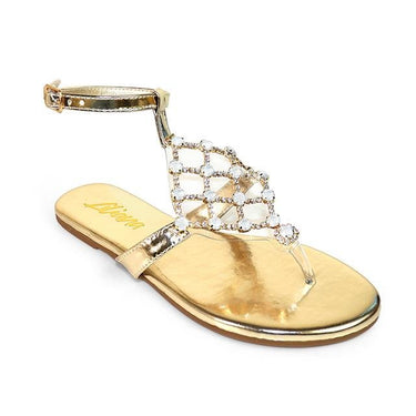 Marlo Rhinestone Faux Jeweled Flat Sandals - Gold - Palazzo Couture Online