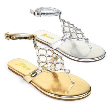 Marlo Rhinestone Faux Jeweled Flat Sandals - Gold - Palazzo Couture Online