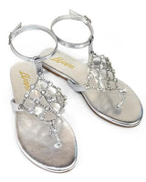 Marlo Rhinestone Faux Jeweled Flat Sandals - Silver - Palazzo Couture Online