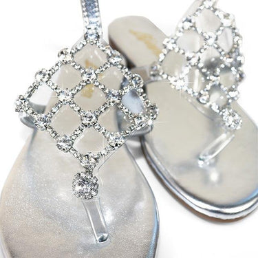 Marlo Rhinestone Faux Jeweled Flat Sandals - Silver - Palazzo Couture Online