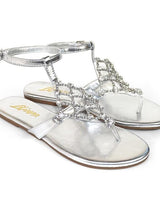 Marlo Rhinestone Faux Jeweled Flat Sandals - Silver - Palazzo Couture Online