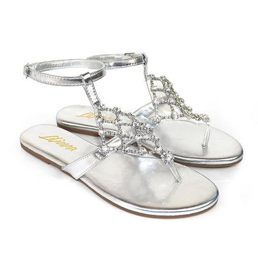 Marlo Rhinestone Faux Jeweled Flat Sandals - Silver - Palazzo Couture Online
