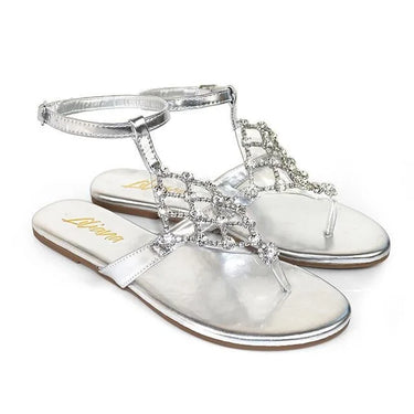 Marlo Rhinestone Faux Jeweled Flat Sandals -Silver - comfortable summer shoes for women