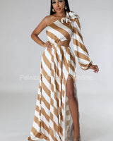 Women's Gold maxi dress one shoulder style back view