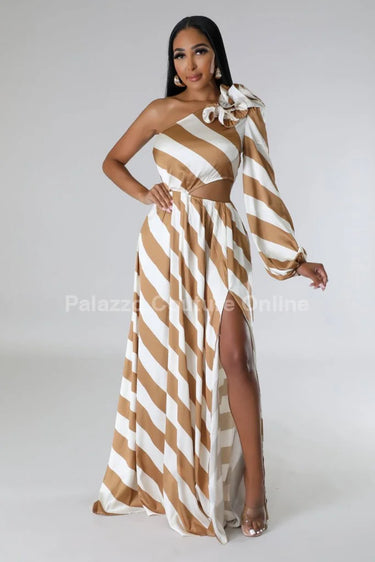 Women's Gold maxi dress one shoulder style back view