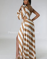 Meet Me In Dubai Gold Satin Dress with One Shoulder Design showing satin construction details