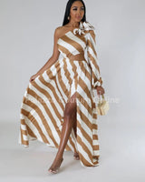 Meet Me In Dubai Gold Satin Dress with One Shoulder Design close up detail of one shoulder design and fabric