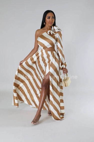 Meet Me In Dubai Gold Satin Dress with One Shoulder Design close up detail of one shoulder design and fabric