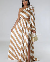 Meet Me In Dubai Gold Satin Dress with One Shoulder Design front view showing full-length maxi silhouette