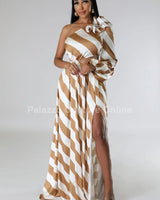 Meet Me In Dubai Gold Satin Dress with One Shoulder Design side view highlighting floor-length hemline