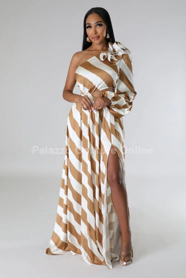 Meet Me In Dubai Gold Satin Dress with One Shoulder Design side view highlighting floor-length hemline