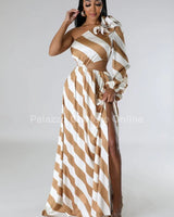 Elegant Gold one shoulder maxi dress on model styled for evening event