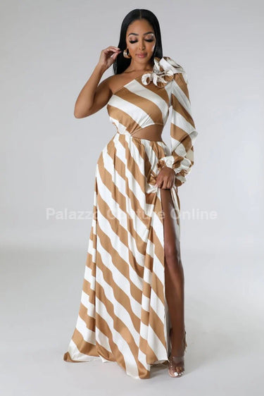 Elegant Gold one shoulder maxi dress on model styled for evening event