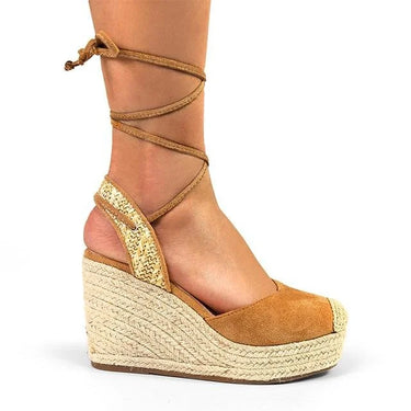 Mel Wrap Espadrille Wedge Sandals in Light Tan for women - stylish shoes by Palazzo Couture