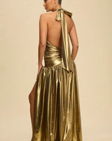 Melania Metallic Halter Maxi Dress - Gold close up detail of metallic design and fabric