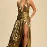 Melania Metallic Halter Maxi Dress - Gold front view showing full-length maxi silhouette