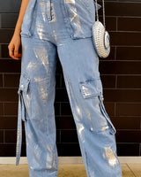 Memphis Girl Wide Leg Jeans with Elastic High Waist close up of high waist fabric and construction detail