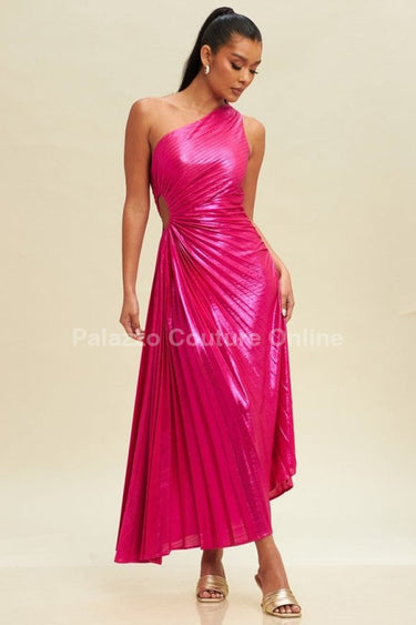 Metallic Cutout Pleated Maxi Dress (Fushsia) - Palazzo Couture Online