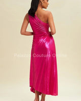 Metallic Cutout  Pleated Maxi Dress (Fushsia) close up detail of metallic design and fabric