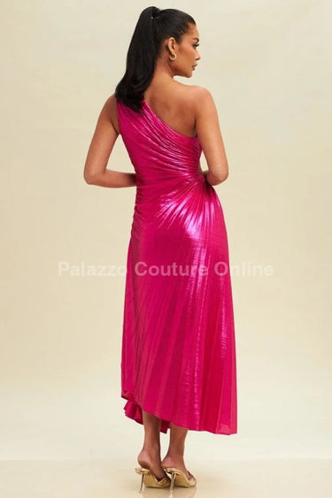 Metallic Cutout  Pleated Maxi Dress (Fushsia) close up detail of metallic design and fabric