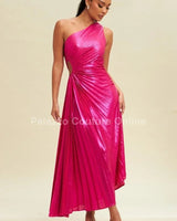Metallic Cutout  Pleated Maxi Dress (Fushsia) front view showing full-length maxi silhouette