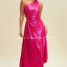 Metallic Cutout  Pleated Maxi Dress (Fushsia) front view showing full-length maxi silhouette