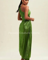 Metallic Cutout Pleated Maxi Dress (Moss) close up detail of metallic design and fabric