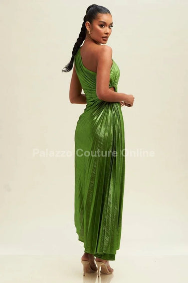 Metallic Cutout Pleated Maxi Dress (Moss) close up detail of metallic design and fabric