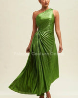 Metallic Cutout Pleated Maxi Dress (Moss) front view showing full-length maxi silhouette