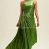Metallic Cutout Pleated Maxi Dress (Moss) front view showing full-length maxi silhouette