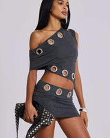 Metallic Edge Asymmetrical Mini Dress - Grey - Palazzo Couture Online
