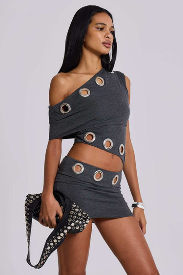 Metallic Edge Asymmetrical Mini Dress - Grey - Palazzo Couture Online