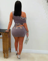 Metallic Edge Asymmetrical Mini Dress - Grey - Palazzo Couture Online