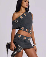 Metallic Edge Asymmetrical Mini Dress - Grey front view showing mini dress silhouette