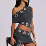 Metallic Edge Asymmetrical Mini Dress - Grey front view showing mini dress silhouette