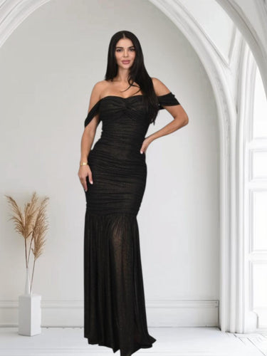 Metallic Gold Foil On Ruched Mesh Maxi Dress - Black - Palazzo Couture Online