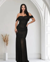Metallic Gold Foil On Ruched Mesh Maxi Dress - Black front view showing full-length maxi silhouette